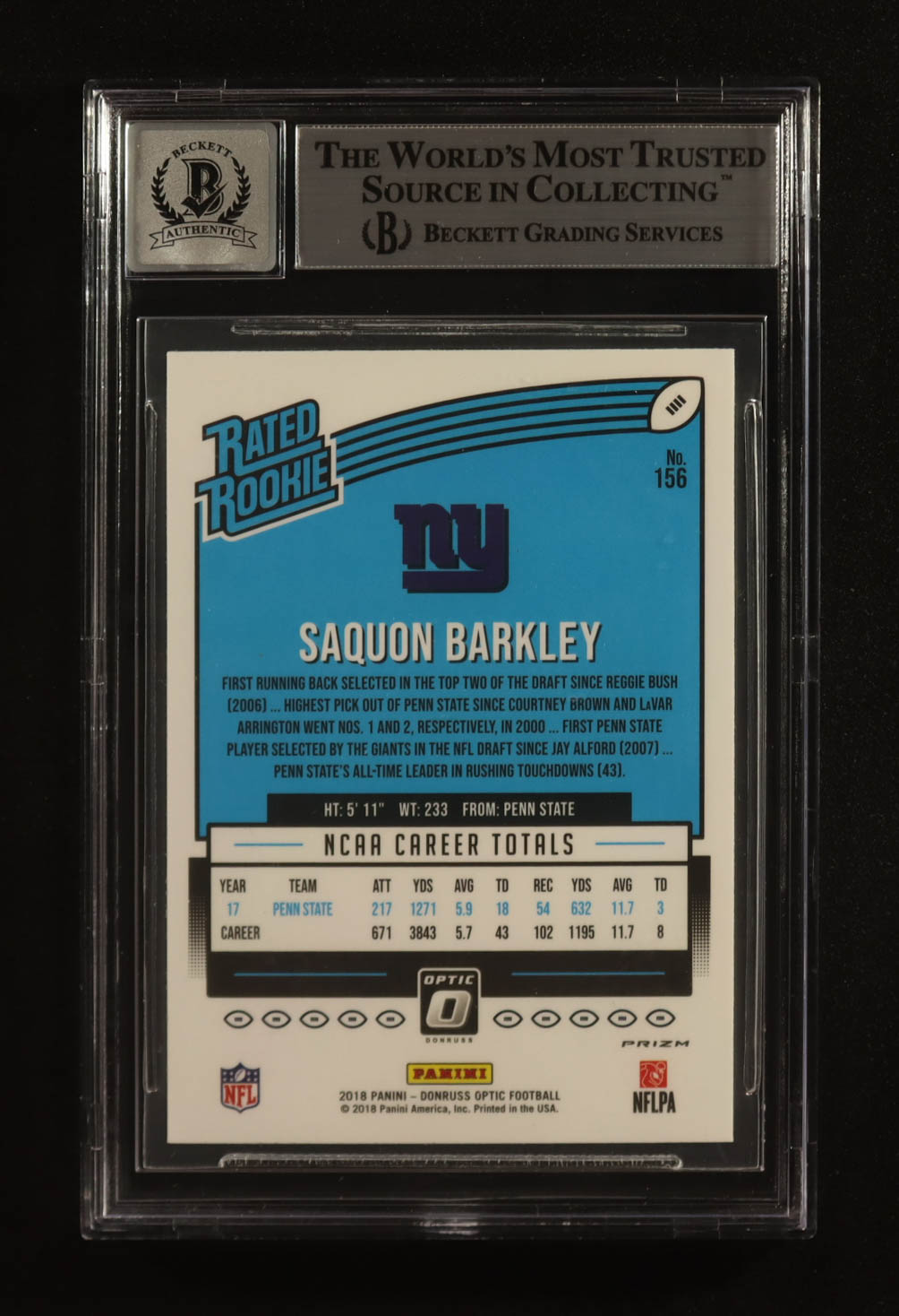 Saquon Barkley Signed 2018 Donruss Optic Holo #156 RR RC (Beckett | Auto Grade BGS 10) at PristineAuction.com Saquon Barkley Signed 2018 Donruss Optic Holo #156 RR RC (Beckett | Auto Grade BGS 10) at PristineAuction.com