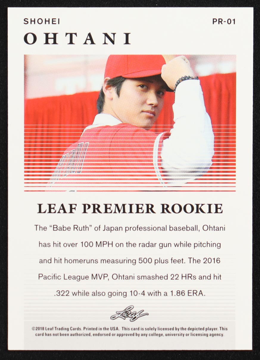 Shohei Ohtani 2018 Leaf Premier Rookies #PR01 RC at PristineAuction.com Shohei Ohtani 2018 Leaf Premier Rookies #PR01 RC at PristineAuction.com