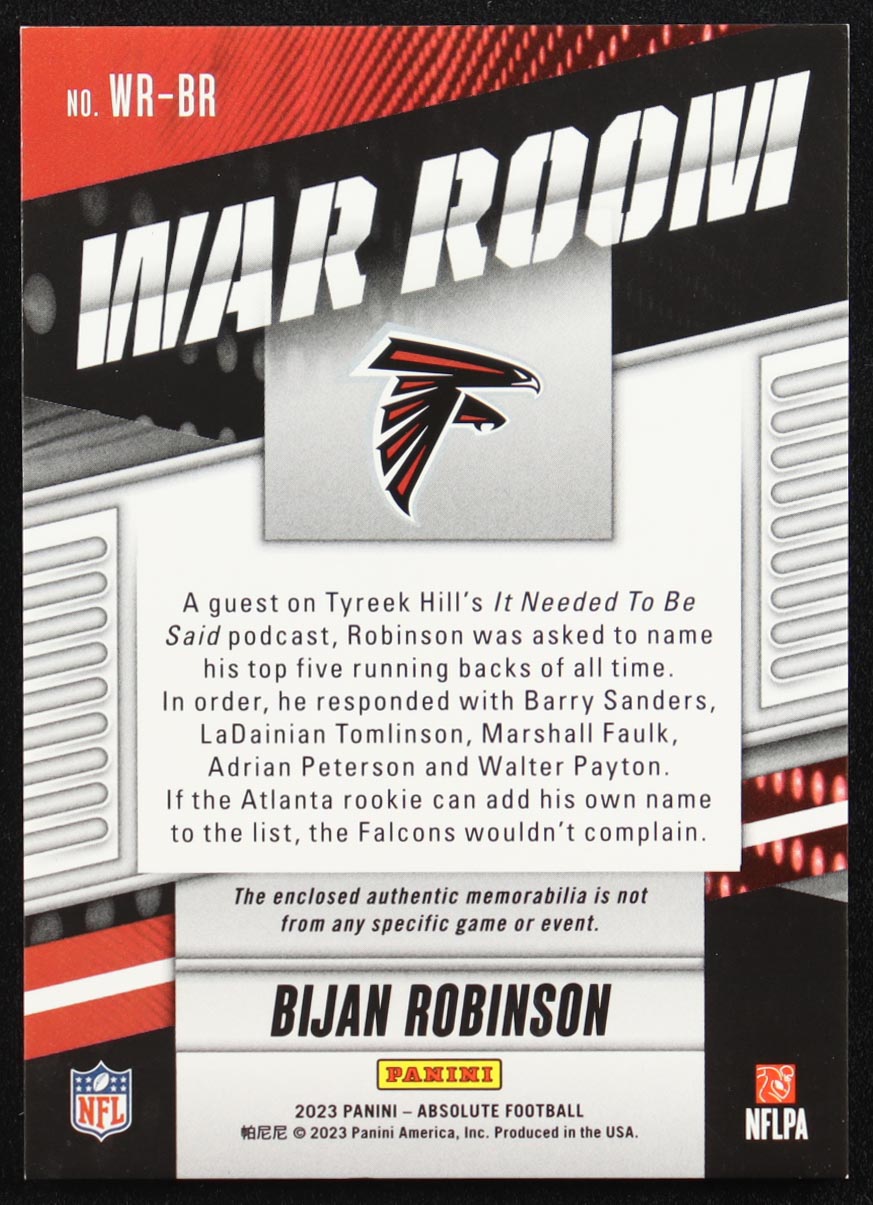 Bijan Robinson 2023 Absolute War Room Materials Gold #3 RC #55/99 at PristineAuction.com Bijan Robinson 2023 Absolute War Room Materials Gold #3 RC #55/99 at PristineAuction.com