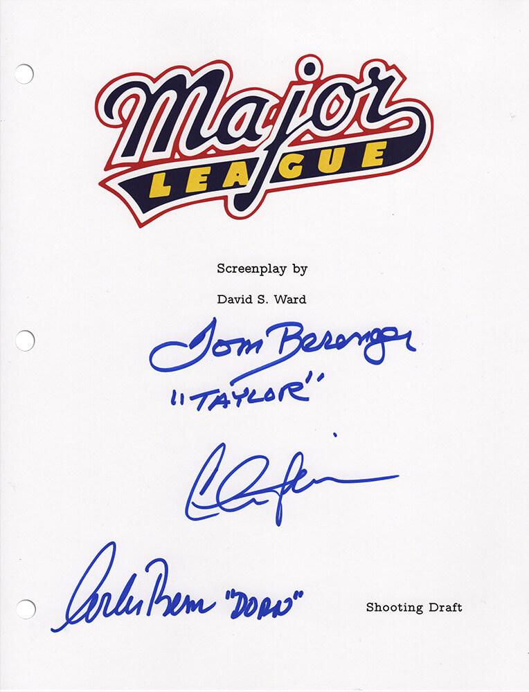 Charlie Sheen, Corbin Bernsen & Tom Berenger Signed "Major League" Movie Script Cover Page Inscribed "Taylor" & "Dorn" (Schwartz) at PristineAuction.com Charlie Sheen, Corbin Bernsen & Tom Berenger Signed "Major League" Movie Script Cover Page Inscribed "Taylor" & "Dorn" (Schwartz) at PristineAuction.com