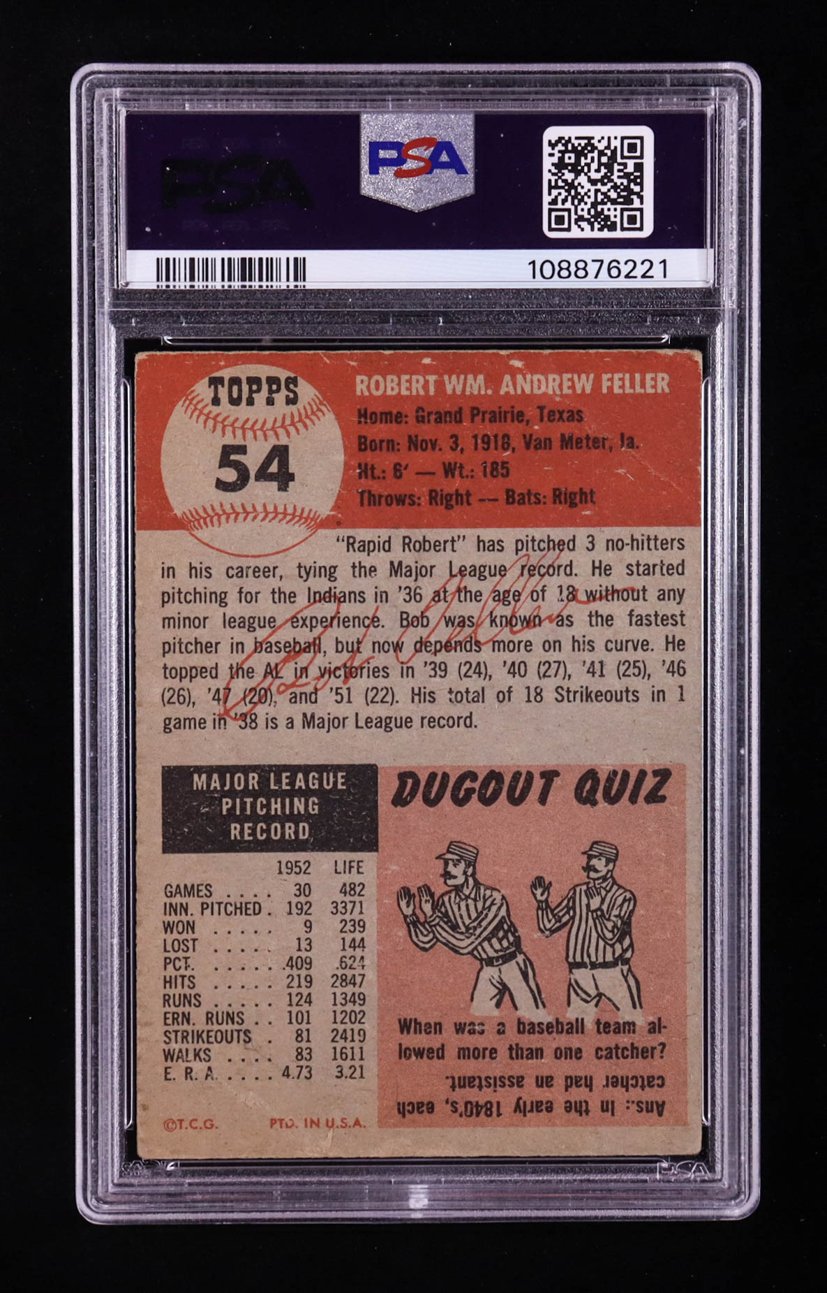 Bob Feller Signed 1953 Topps #54 DP (PSA) at PristineAuction.com Bob Feller Signed 1953 Topps #54 DP (PSA) at PristineAuction.com