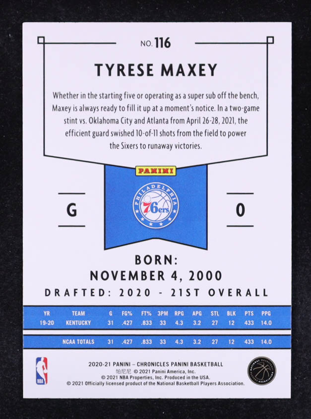 Tyrese Maxey 2020-21 Panini Chronicles #116 RC at PristineAuction.com Tyrese Maxey 2020-21 Panini Chronicles #116 RC at PristineAuction.com