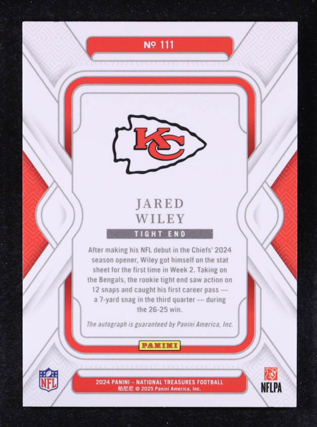 Jared Wiley 2024 Panini National Treasures AU RC #111 #50/99 RC at PristineAuction.com Jared Wiley 2024 Panini National Treasures AU RC #111 #50/99 RC at PristineAuction.com