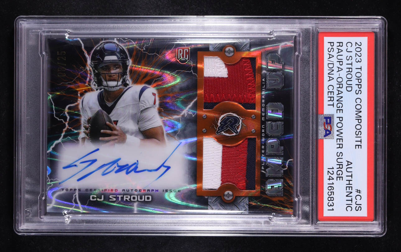 CJ Stroud 2023 Topps Composite Resurgence Amped Up Patch Autographs Orange Power Surge #RAUPACJS RC #08/25 (PSA Authentic) at PristineAuction.com CJ Stroud 2023 Topps Composite Resurgence Amped Up Patch Autographs Orange Power Surge #RAUPACJS RC #08/25 (PSA Authentic) at PristineAuction.com