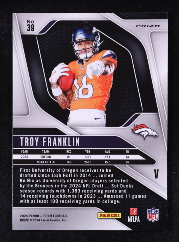 Troy Franklin 2024 Panini Prizm Rookie Variations Prizms No Huddle #39 RC at PristineAuction.com Troy Franklin 2024 Panini Prizm Rookie Variations Prizms No Huddle #39 RC at PristineAuction.com