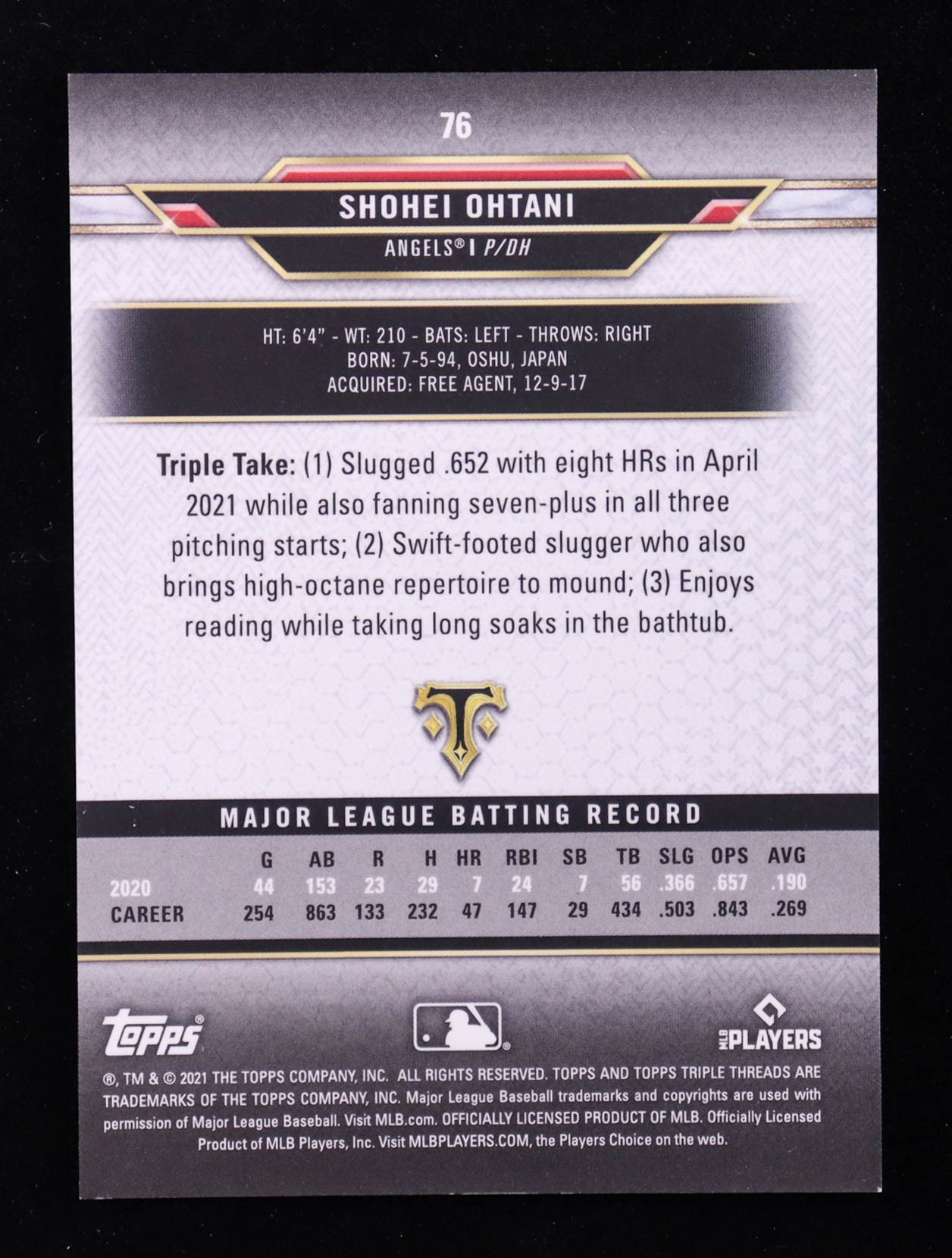 Shohei Ohtani 2021 Topps Triple Threads Amber #76 #140/199 at PristineAuction.com Shohei Ohtani 2021 Topps Triple Threads Amber #76 #140/199 at PristineAuction.com