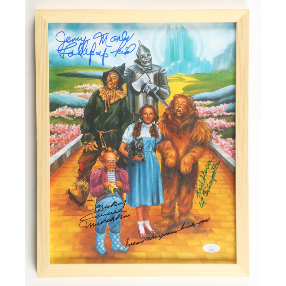 Mickey Carroll, Jerry Maren & Karl Slover Signed "The Wizard of Oz" Custom Framed Photo Inscribed "Lollipop Kid", "Follow The Yellowbrick Road" & "1st Trumpeter" (JSA) at PristineAuction.com