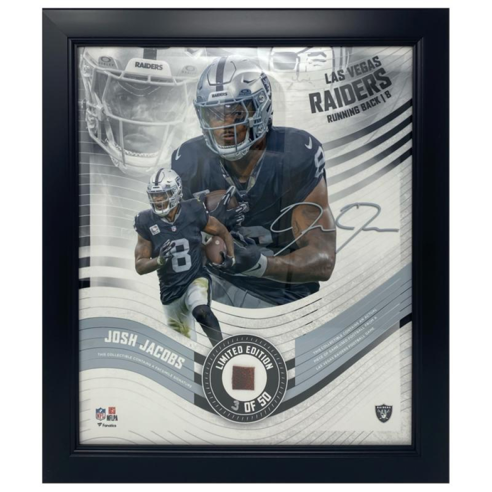 Josh Jacobs LE Raiders Custom Framed Photo Display with Game-Used Football Piece (Fanatics) at PristineAuction.com
