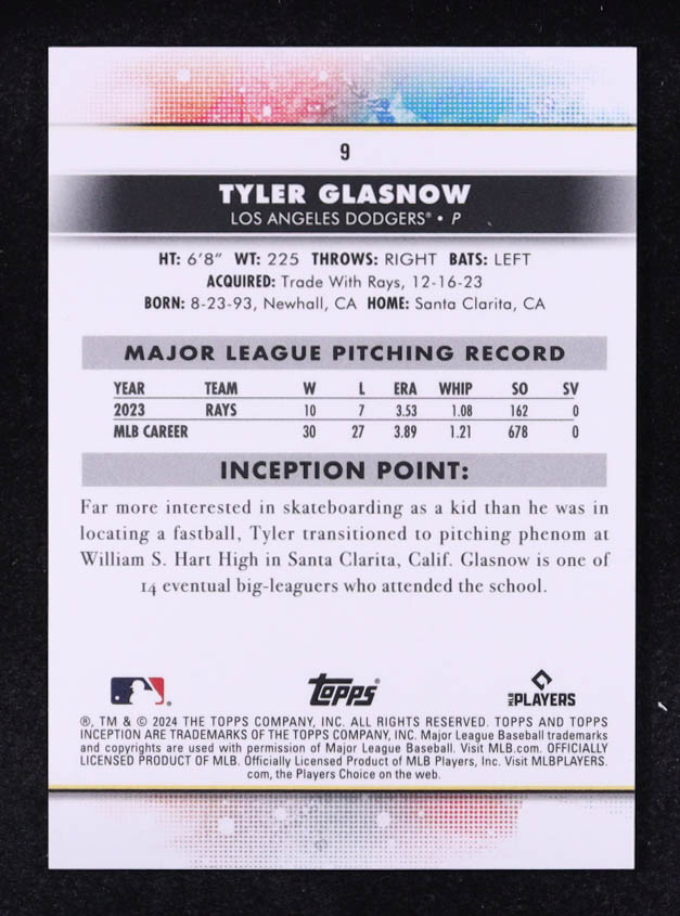 Tyler Glasnow 2024 Topps Inception Purple #9 #005/150 at PristineAuction.com Tyler Glasnow 2024 Topps Inception Purple #9 #005/150 at PristineAuction.com