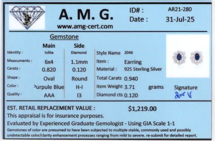 0.94 CTW Natural Iolite & Diamonds Rhodium Gold Plated Designer Earrings | Estimated Retail Value: $1,219 (AMG) at PristineAuction.com 0.94 CTW Natural Iolite & Diamonds Rhodium Gold Plated Designer Earrings | Estimated Retail Value: $1,219 (AMG) at PristineAuction.com