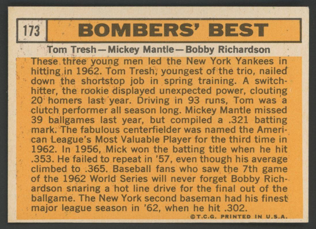 Tom Tresh / Mickey Mantle / Bobby Richardson 1963 Topps Bomber's Best #173 at PristineAuction.com Tom Tresh / Mickey Mantle / Bobby Richardson 1963 Topps Bomber's Best #173 at PristineAuction.com