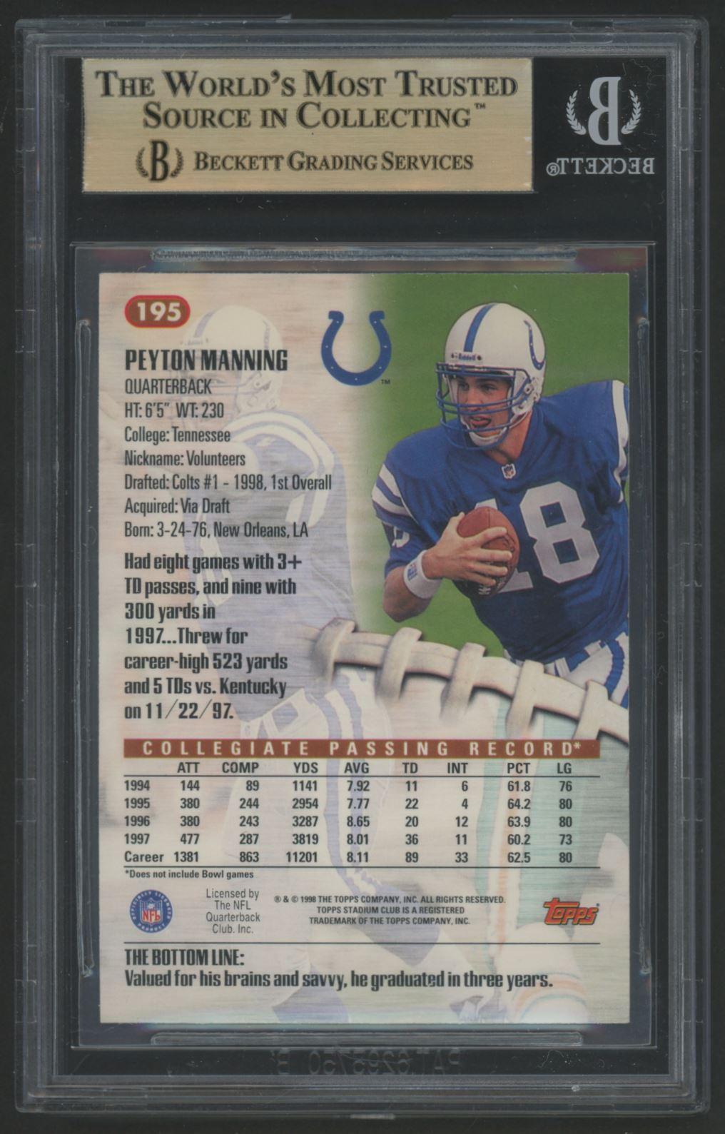 Peyton Manning 1998 Stadium Club #195 RC (BGS 9.5) at PristineAuction.com Peyton Manning 1998 Stadium Club #195 RC (BGS 9.5) at PristineAuction.com