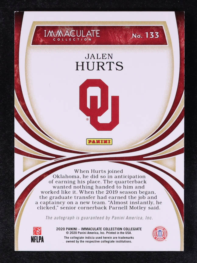 Jalen Hurts 2020 Immaculate Collection Collegiate Autographs #133 RC #75/99 at PristineAuction.com Jalen Hurts 2020 Immaculate Collection Collegiate Autographs #133 RC #75/99 at PristineAuction.com