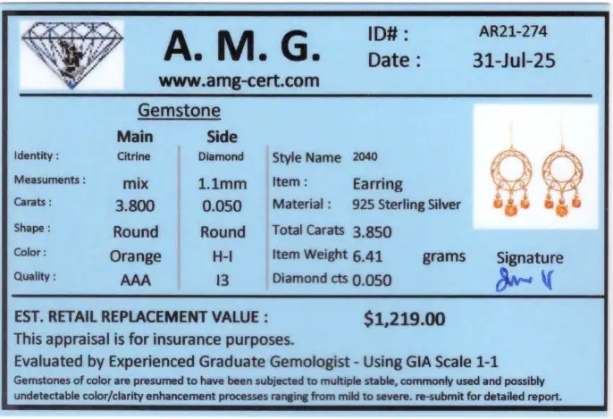 3.85 CTW Natural Citrine & Diamonds 18K Gold Plated Designer Earrings | Estimated Retail Value: $1,219 (AMG) at PristineAuction.com 3.85 CTW Natural Citrine & Diamonds 18K Gold Plated Designer Earrings | Estimated Retail Value: $1,219 (AMG) at PristineAuction.com