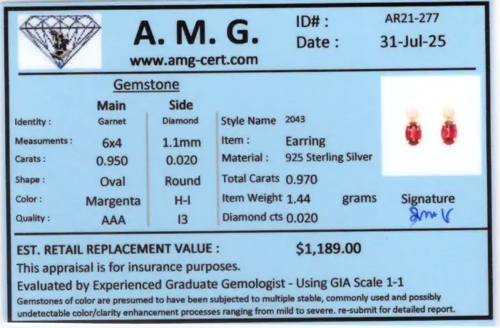 0.97 CTW Natural Garnet & Diamonds 18K Gold Plated Designer Earrings | Estimated Retail Value: $1,189 (AMG) at PristineAuction.com 0.97 CTW Natural Garnet & Diamonds 18K Gold Plated Designer Earrings | Estimated Retail Value: $1,189 (AMG) at PristineAuction.com