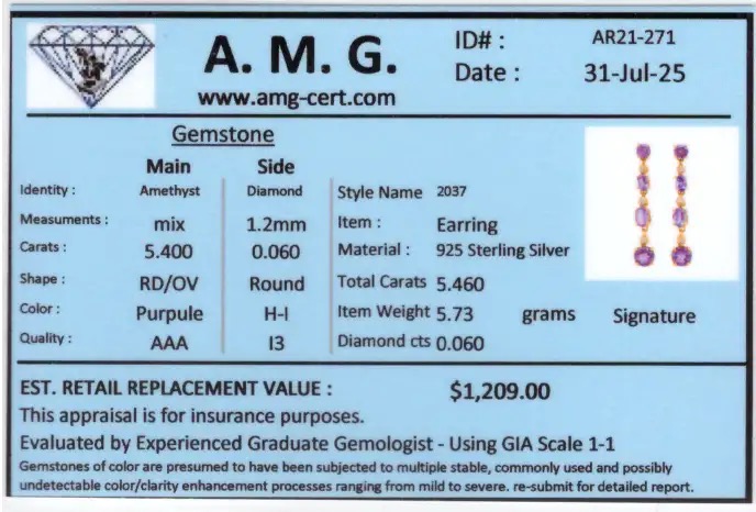 5.46 CTW Natural Amethyst & Diamonds 18K Gold Plated Designer Earrings | Estimated Retail Value: $1,209 (AMG) at PristineAuction.com 5.46 CTW Natural Amethyst & Diamonds 18K Gold Plated Designer Earrings | Estimated Retail Value: $1,209 (AMG) at PristineAuction.com