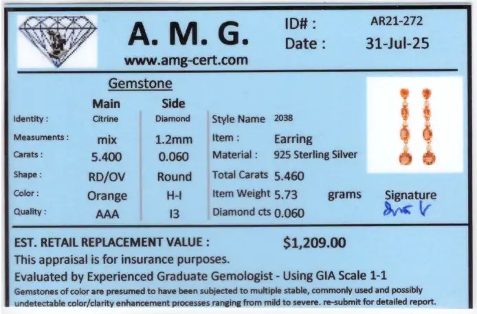 5.46 CTW Natural Citrine & Diamonds 18K Gold Plated Designer Earrings | Estimated Retail Value: $1,209 (AMG) at PristineAuction.com 5.46 CTW Natural Citrine & Diamonds 18K Gold Plated Designer Earrings | Estimated Retail Value: $1,209 (AMG) at PristineAuction.com