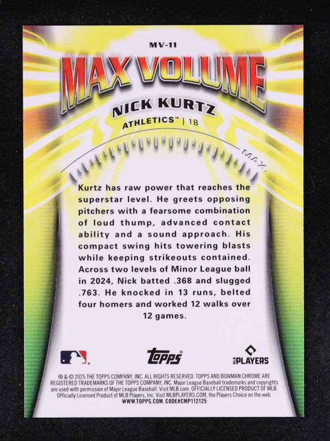 Nick Kurtz 2025 Bowman Chrome Max Volume #MV11 RC at PristineAuction.com Nick Kurtz 2025 Bowman Chrome Max Volume #MV11 RC at PristineAuction.com