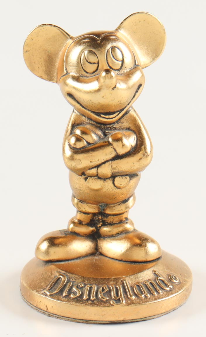 Vintage Mickey Mouse Brass Figurine Paperweight Souvenir with Display Case at PristineAuction.com Vintage Mickey Mouse Brass Figurine Paperweight Souvenir with Display Case at PristineAuction.com