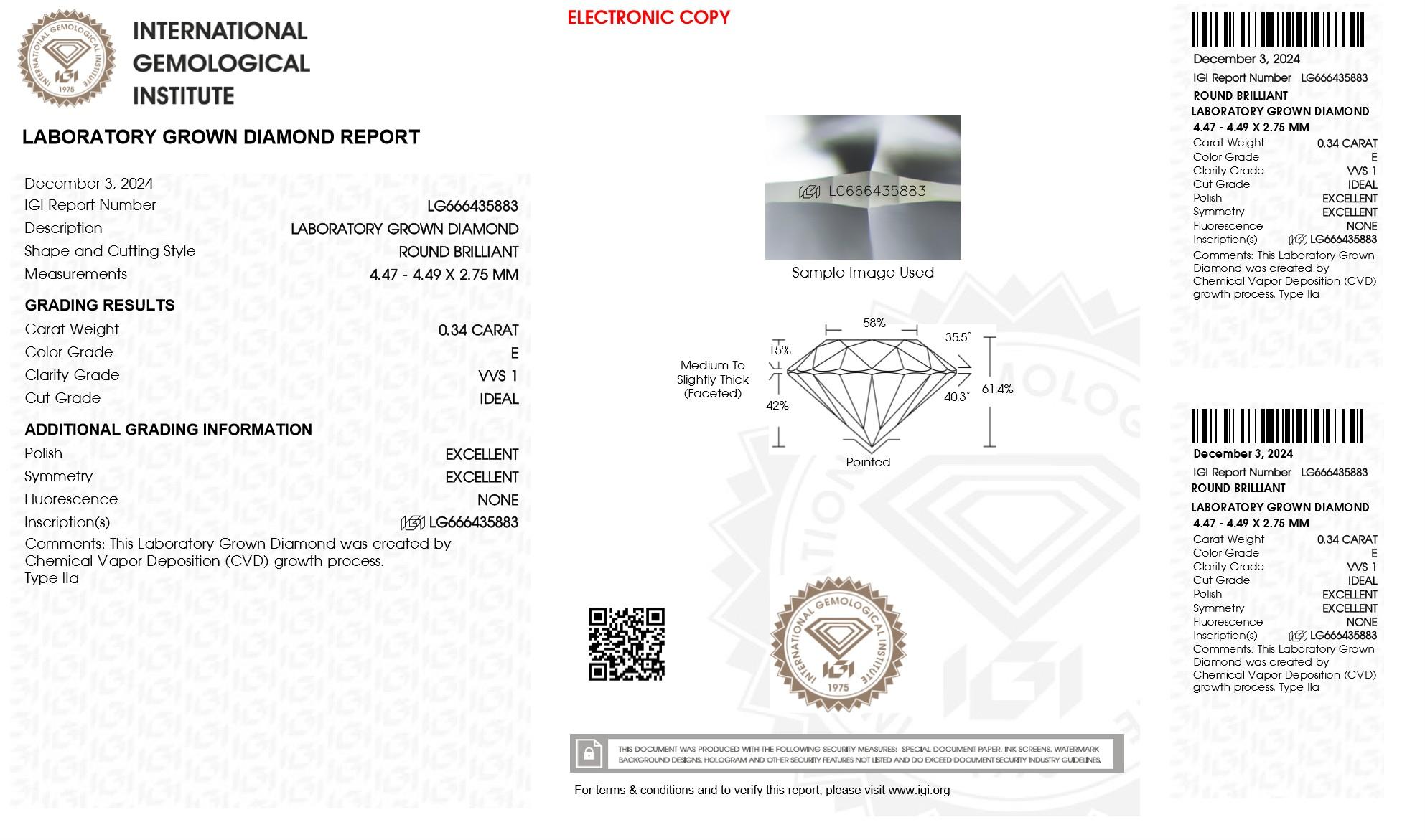 .34 Carats Lab Grown Diamond Loose E, VVS1 | (IGI Cert) at PristineAuction.com .34 Carats Lab Grown Diamond Loose E, VVS1 | (IGI Cert) at PristineAuction.com