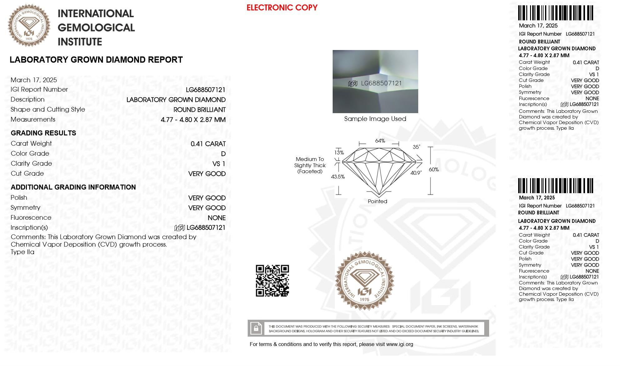 .41 Carats Lab Grown Diamond Loose D, VS1 | (IGI Cert) at PristineAuction.com .41 Carats Lab Grown Diamond Loose D, VS1 | (IGI Cert) at PristineAuction.com