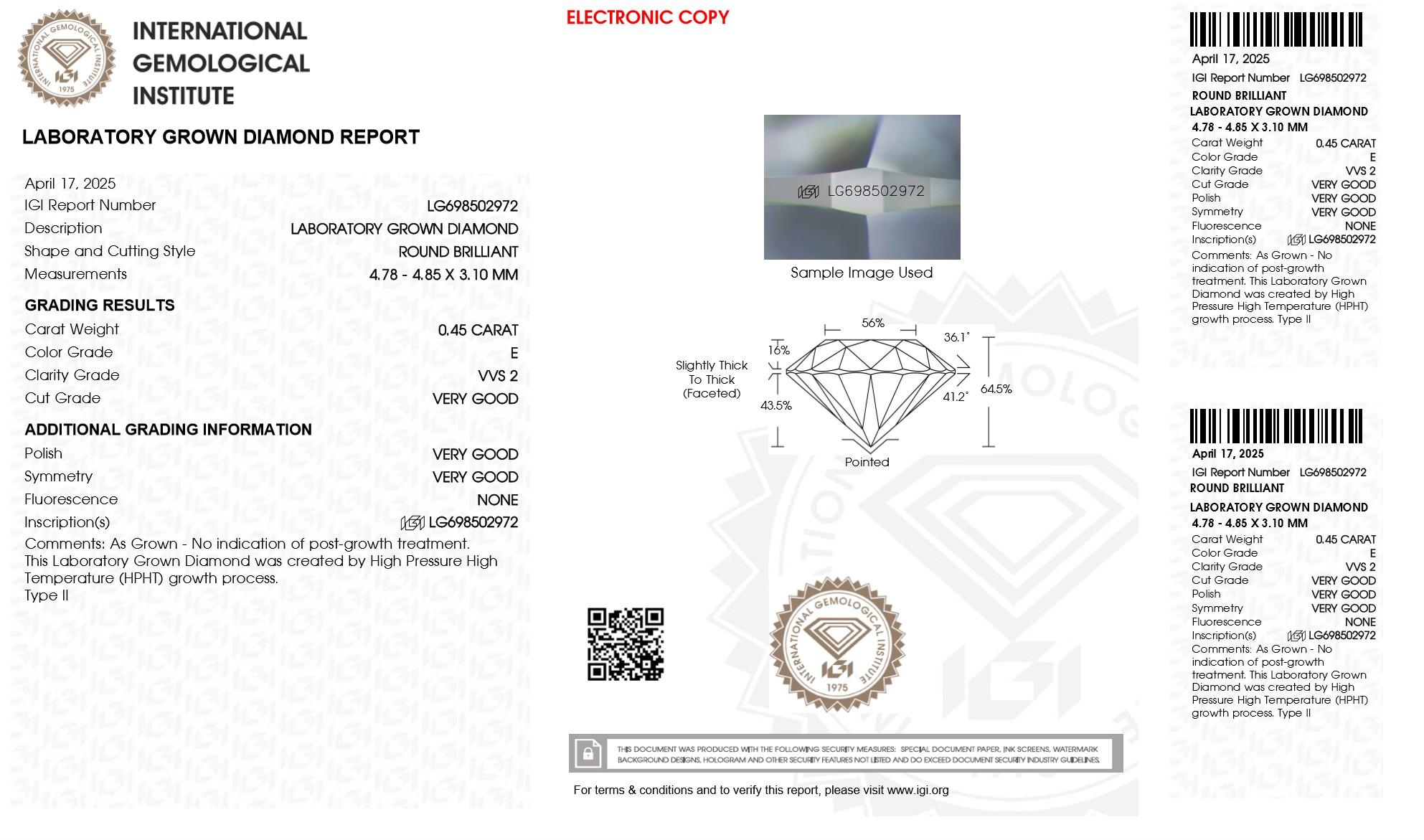 .45 Carats Lab Grown Diamond Loose E, VVS2 | (IGI Cert) at PristineAuction.com .45 Carats Lab Grown Diamond Loose E, VVS2 | (IGI Cert) at PristineAuction.com