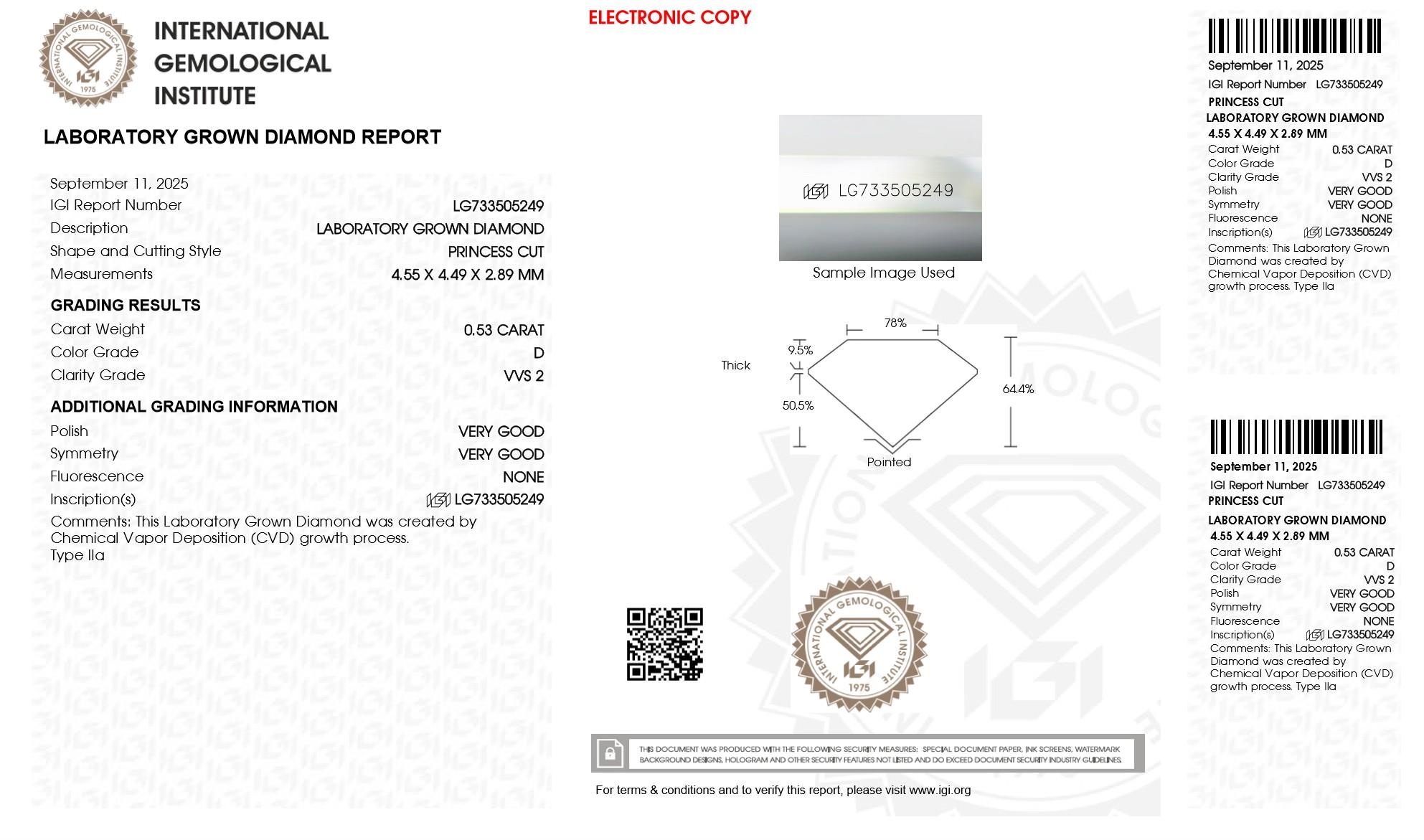 .53 Carats Lab Grown Diamond Loose D, VVS2 | (IGI Cert) at PristineAuction.com .53 Carats Lab Grown Diamond Loose D, VVS2 | (IGI Cert) at PristineAuction.com