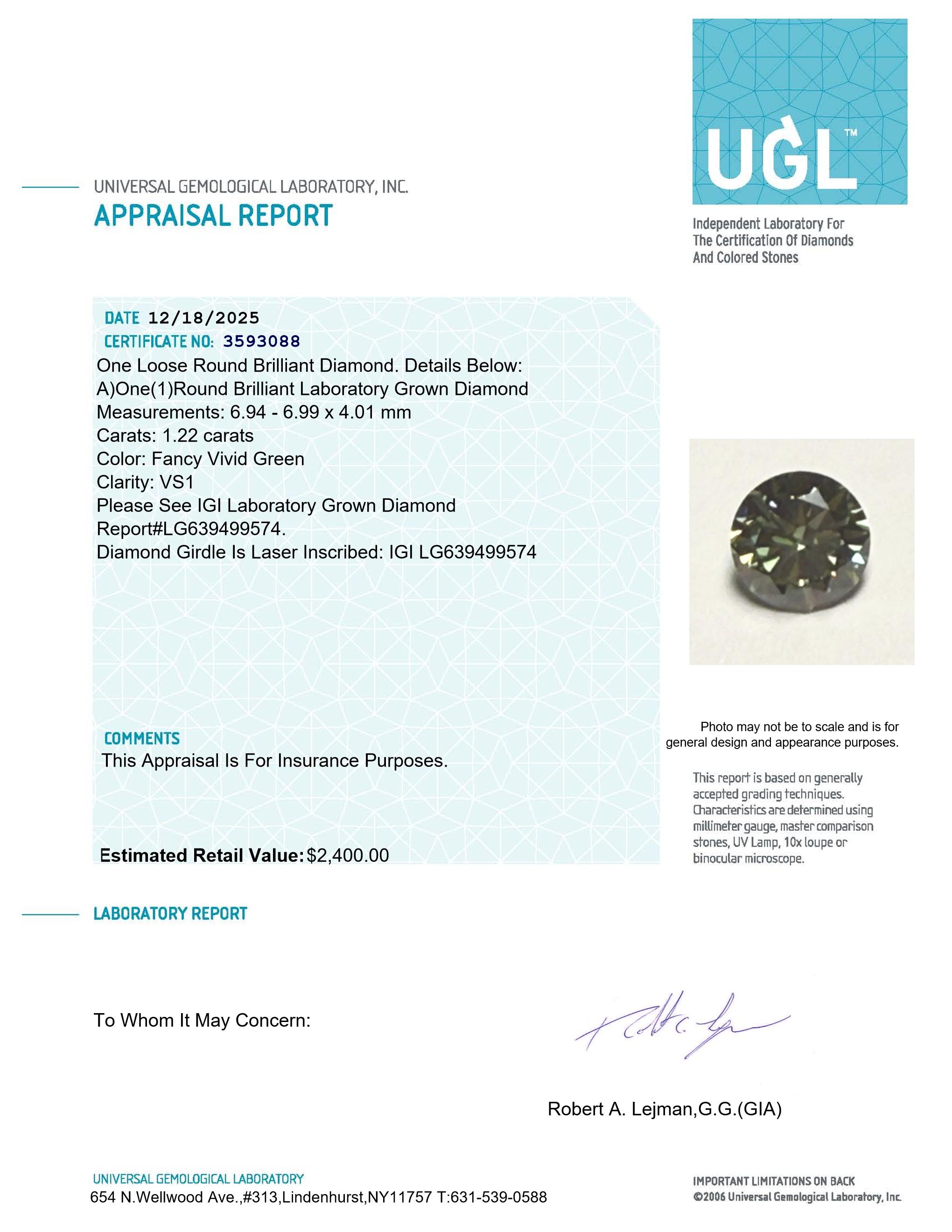 1.22 Carats Lab Grown GREEN Diamond Loose VS1 | Estimated Retail Value: $2,400 (UGL & IGI Certs) at PristineAuction.com 1.22 Carats Lab Grown GREEN Diamond Loose VS1 | Estimated Retail Value: $2,400 (UGL & IGI Certs) at PristineAuction.com