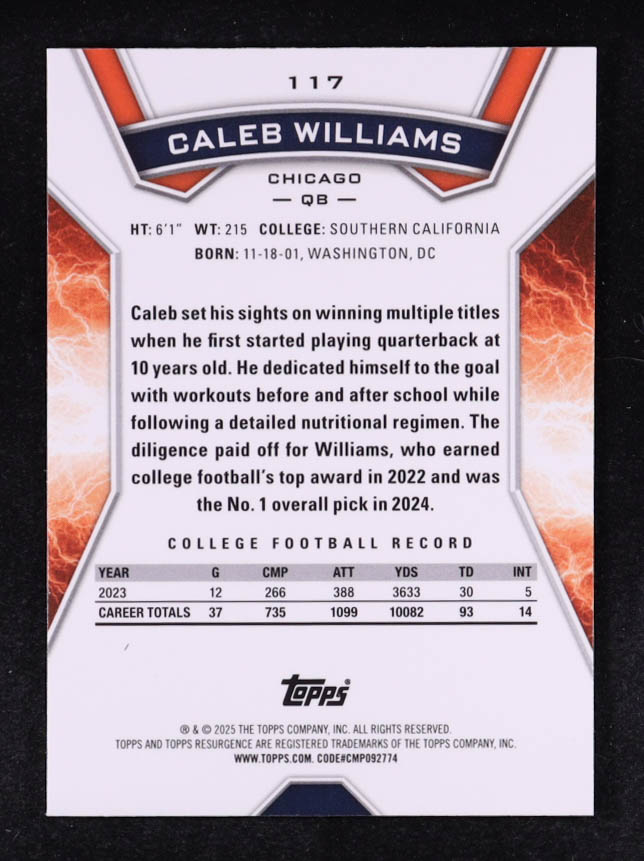 Caleb Williams 2024 Topps Resurgence #117 RC at PristineAuction.com Caleb Williams 2024 Topps Resurgence #117 RC at PristineAuction.com