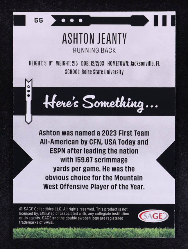 Ashton Jeanty 2025 SAGE Low Series #55 RC at PristineAuction.com Ashton Jeanty 2025 SAGE Low Series #55 RC at PristineAuction.com