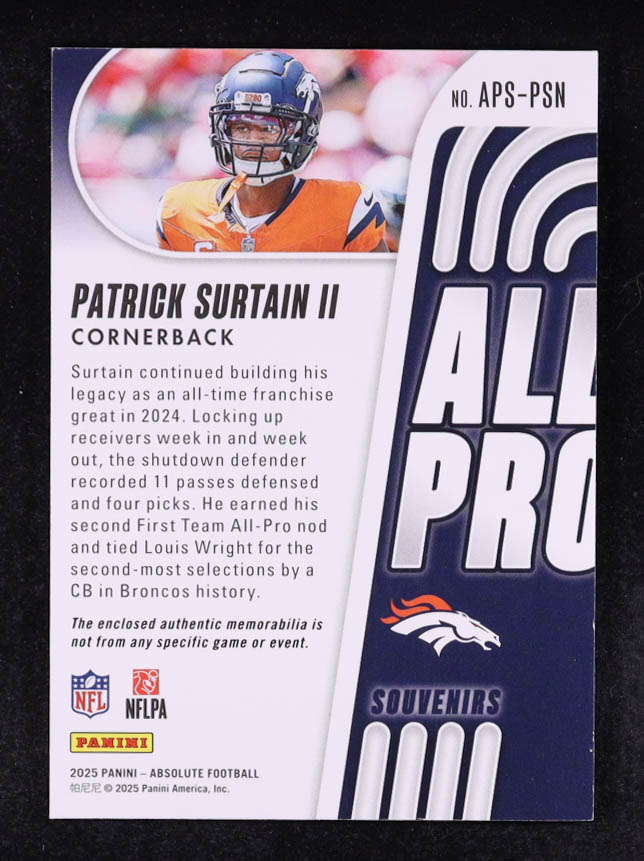 Patrick Surtain II 2025 Absolute All Pro Souvenirs #6 #009/115 at PristineAuction.com Patrick Surtain II 2025 Absolute All Pro Souvenirs #6 #009/115 at PristineAuction.com