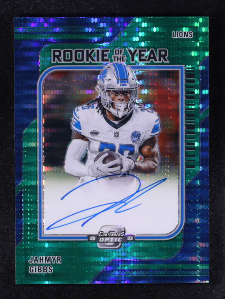 Jahmyr Gibbs 2023 Panini Contenders Optic Rookie of the Year Contenders Autographs Green Pulsar #9 #08/30 RC