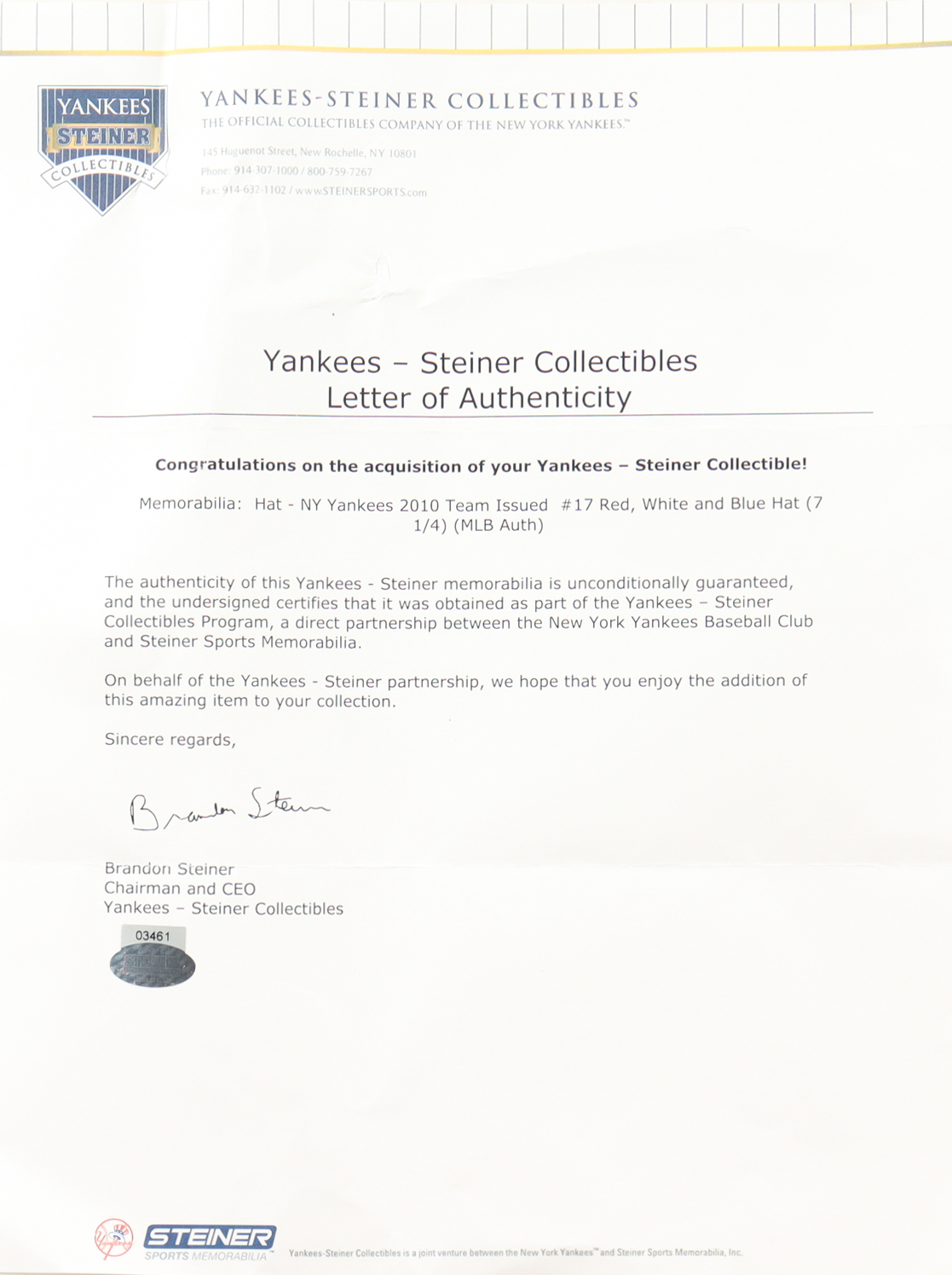 Yankees New Era On-Field Fitted Baseball Hat #17 (Steiner & MLB) at PristineAuction.com Yankees New Era On-Field Fitted Baseball Hat #17 (Steiner & MLB) at PristineAuction.com