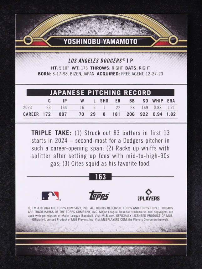 Yoshinobu Yamamoto 2024 Topps Triple Threads Tourmaline #163 #114/125 RC at PristineAuction.com Yoshinobu Yamamoto 2024 Topps Triple Threads Tourmaline #163 #114/125 RC at PristineAuction.com
