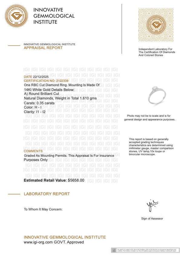 0.35 CTW Natural Diamond Ring Mounted In White Gold H-I, I1-I2 | Estimated Retail Value: $5,658 (IGI) at PristineAuction.com 0.35 CTW Natural Diamond Ring Mounted In White Gold H-I, I1-I2 | Estimated Retail Value: $5,658 (IGI) at PristineAuction.com