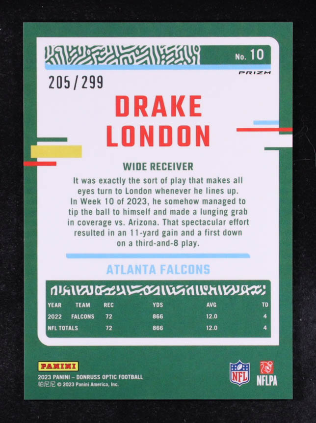 Drake London 2023 Donruss Optic Aqua #10 #205/299 at PristineAuction.com Drake London 2023 Donruss Optic Aqua #10 #205/299 at PristineAuction.com