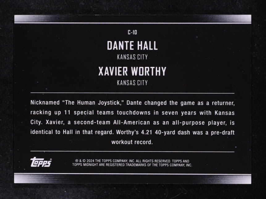 Xavier Worthy RC / Dante Hall 2024 Topps Midnight Constellations Twilight #C10 #40/99 at PristineAuction.com Xavier Worthy RC / Dante Hall 2024 Topps Midnight Constellations Twilight #C10 #40/99 at PristineAuction.com