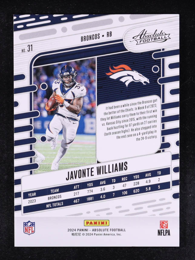 Javonte Williams 2024 Absolute Spectrum Red #31 #010/125 at PristineAuction.com Javonte Williams 2024 Absolute Spectrum Red #31 #010/125 at PristineAuction.com