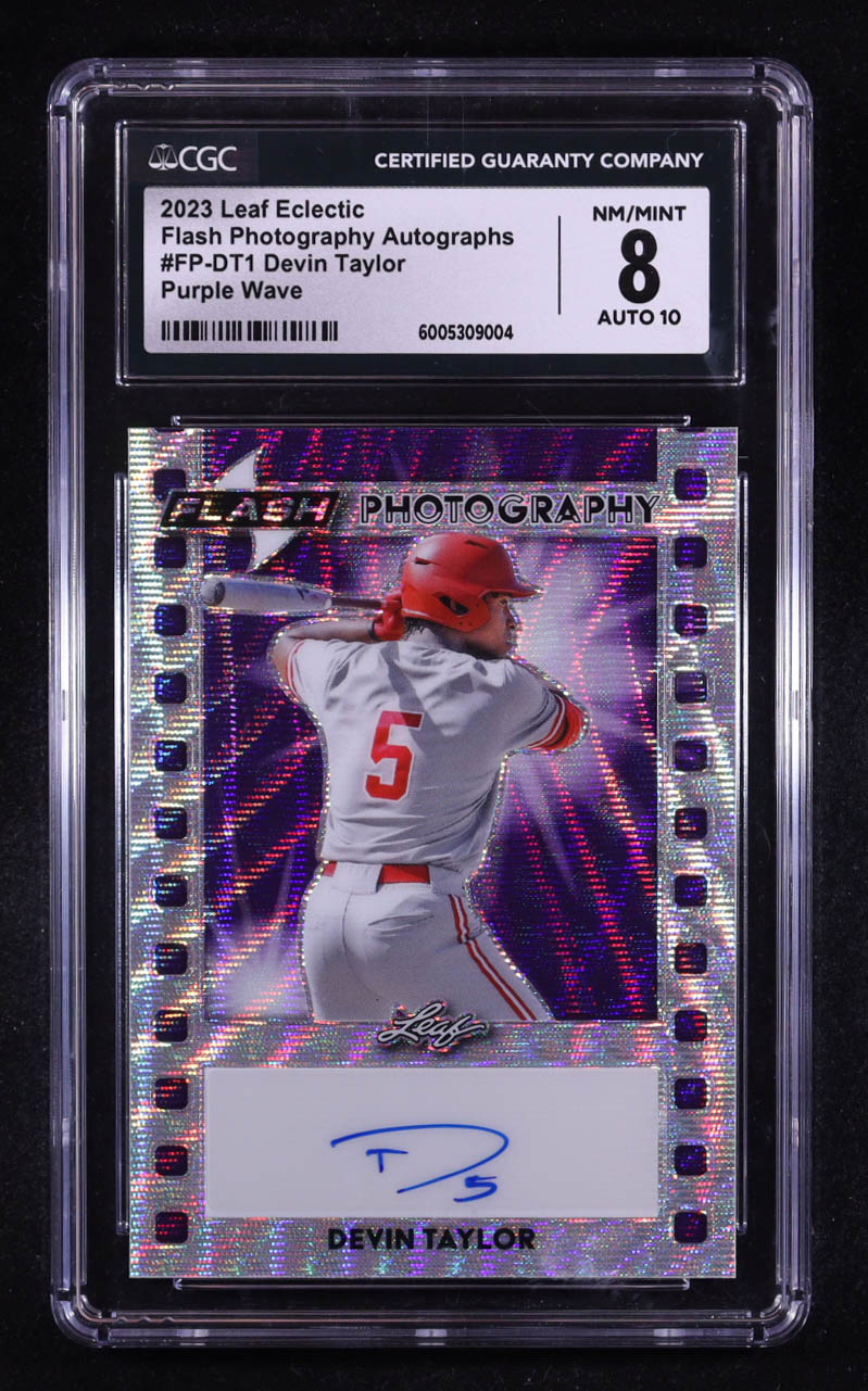 Devin Taylor 2023 Leaf Eclectic Flash Photography Autographs Purple Wave #FPDT1 #2/6 RC (CGC 8 | Auto Grade CGC 10) at PristineAuction.com Devin Taylor 2023 Leaf Eclectic Flash Photography Autographs Purple Wave #FPDT1 #2/6 RC (CGC 8 | Auto Grade CGC 10) at PristineAuction.com