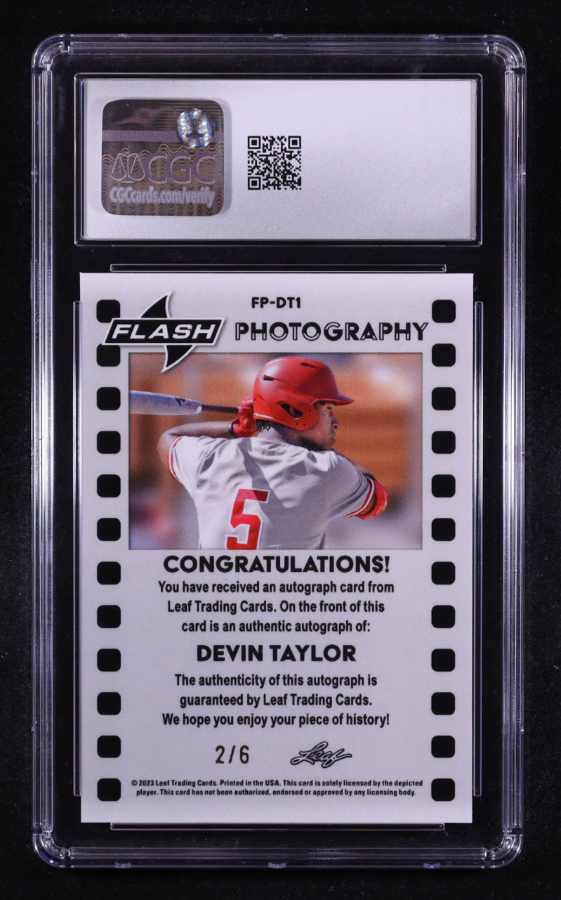 Devin Taylor 2023 Leaf Eclectic Flash Photography Autographs Purple Wave #FPDT1 #2/6 RC (CGC 8 | Auto Grade CGC 10) at PristineAuction.com Devin Taylor 2023 Leaf Eclectic Flash Photography Autographs Purple Wave #FPDT1 #2/6 RC (CGC 8 | Auto Grade CGC 10) at PristineAuction.com