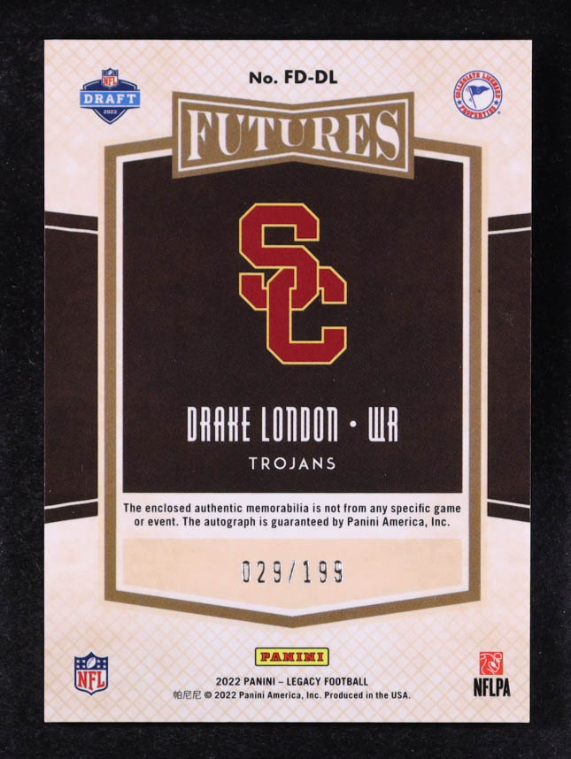 Drake London 2022 Panini Legacy Futures Patch Autographs Silver #9 #029/199 RC at PristineAuction.com Drake London 2022 Panini Legacy Futures Patch Autographs Silver #9 #029/199 RC at PristineAuction.com