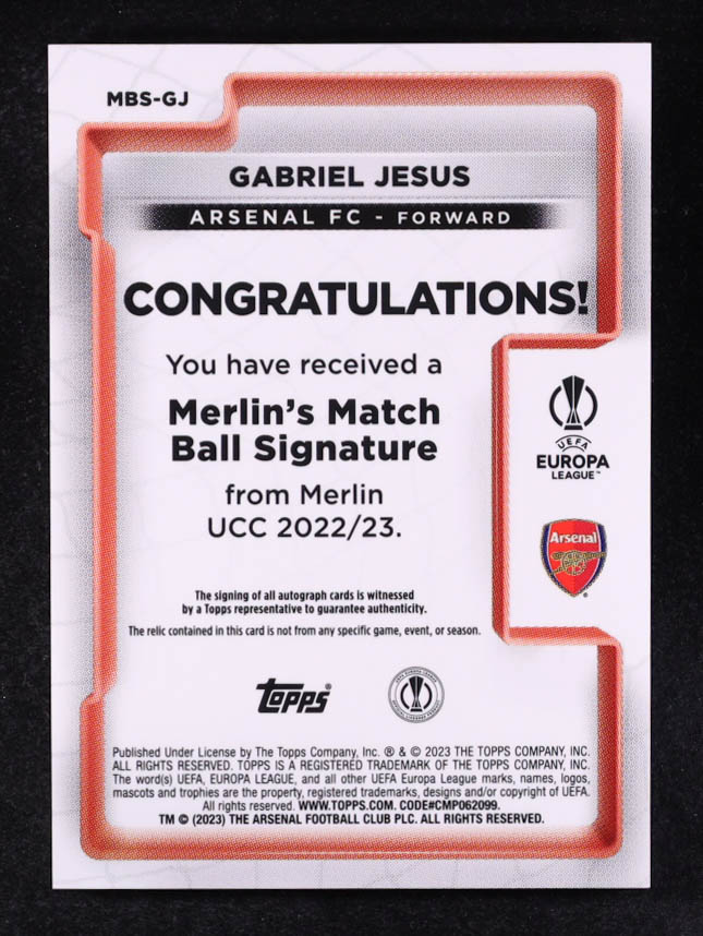 Gabriel Jesus 2022-23 Topps Merlin UEFA Merlin's Match Ball Signatures #MBSGJ at PristineAuction.com Gabriel Jesus 2022-23 Topps Merlin UEFA Merlin's Match Ball Signatures #MBSGJ at PristineAuction.com