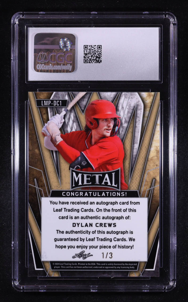 Dylan Crews 2023 Leaf Trinity Metal '24 Preview Green Crystals Autographs #LMPDC1 #1/3 RC (CGC 9 | Auto Grade CGC 10) at PristineAuction.com Dylan Crews 2023 Leaf Trinity Metal '24 Preview Green Crystals Autographs #LMPDC1 #1/3 RC (CGC 9 | Auto Grade CGC 10) at PristineAuction.com