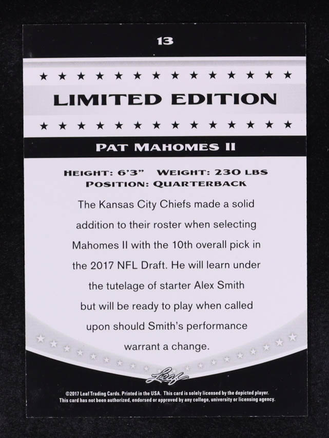 Patrick Mahomes II 2017 Leaf Special Release Limited Edition #13 RC at PristineAuction.com Patrick Mahomes II 2017 Leaf Special Release Limited Edition #13 RC at PristineAuction.com