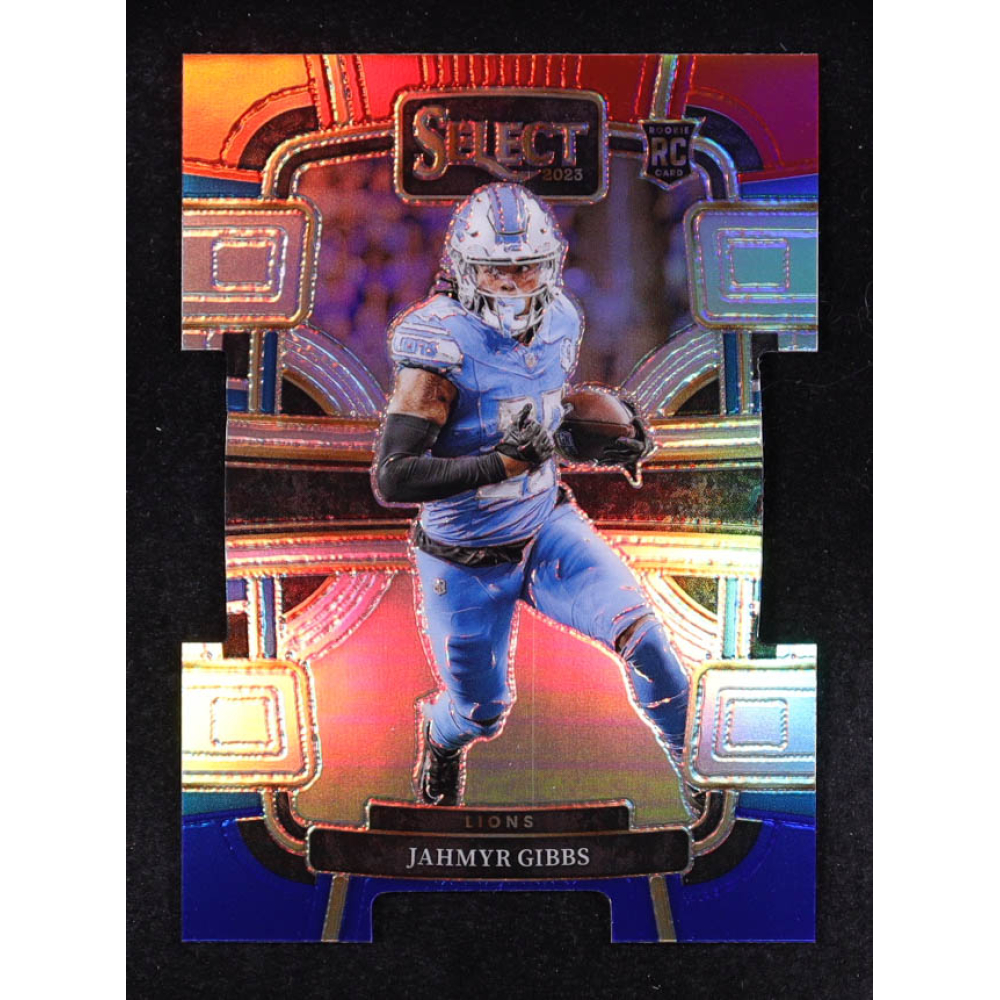 Jahmyr Gibbs 2023 Select Prizm Red and Blue Die Cut #34 RC at PristineAuction.com