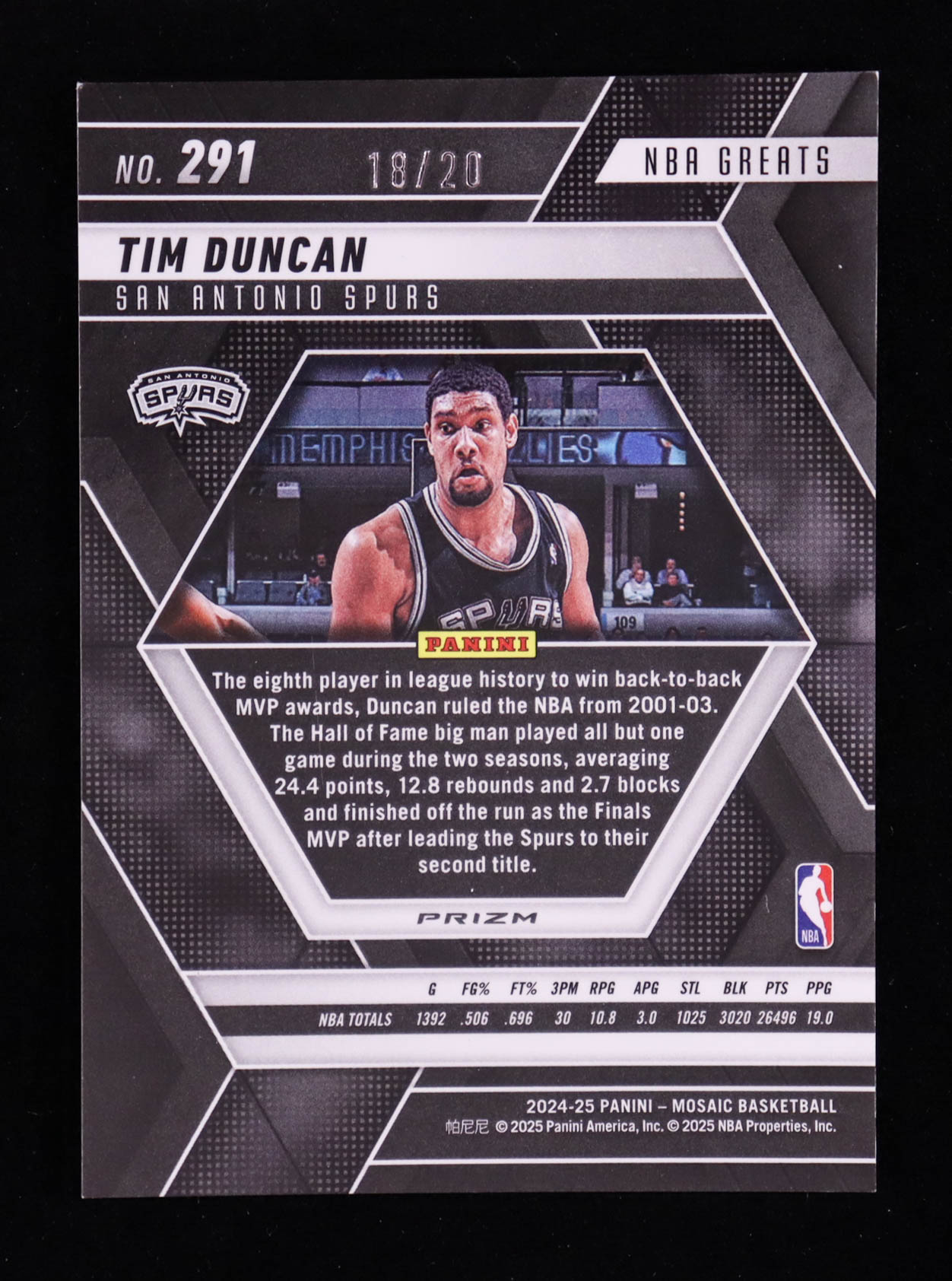 Tim Duncan 2024-25 Panini Mosaic Mosaic Choice Cherry Blossom #291 / Greats #18/20 at PristineAuction.com Tim Duncan 2024-25 Panini Mosaic Mosaic Choice Cherry Blossom #291 / Greats #18/20 at PristineAuction.com