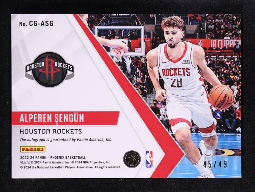 Alperen Sengun 2023-24 Panini Phoenix Calligraphy Purple #9 #45/49 at PristineAuction.com Alperen Sengun 2023-24 Panini Phoenix Calligraphy Purple #9 #45/49 at PristineAuction.com