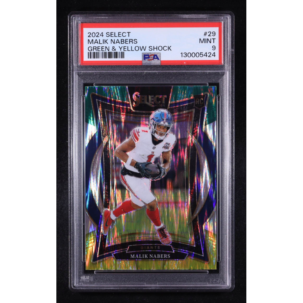 Malik Nabers 2024 Select Prizm Green and Yellow Shock #29 RC (PSA 9) at PristineAuction.com