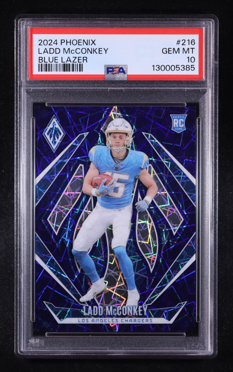 Ladd McConkey 2024 Panini Phoenix Blue Lazer #216 #015/125 RC (PSA 10) at PristineAuction.com Ladd McConkey 2024 Panini Phoenix Blue Lazer #216 #015/125 RC (PSA 10) at PristineAuction.com