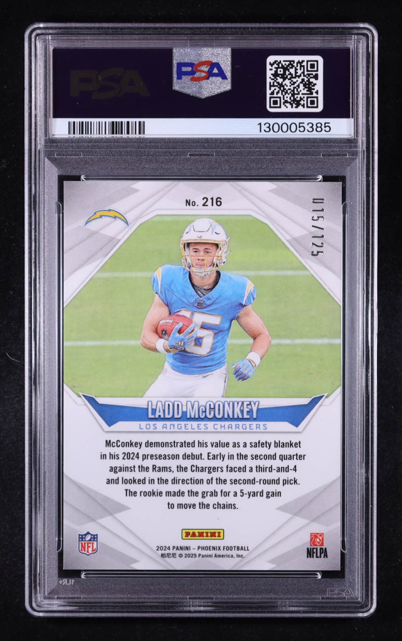 Ladd McConkey 2024 Panini Phoenix Blue Lazer #216 #015/125 RC (PSA 10) at PristineAuction.com Ladd McConkey 2024 Panini Phoenix Blue Lazer #216 #015/125 RC (PSA 10) at PristineAuction.com